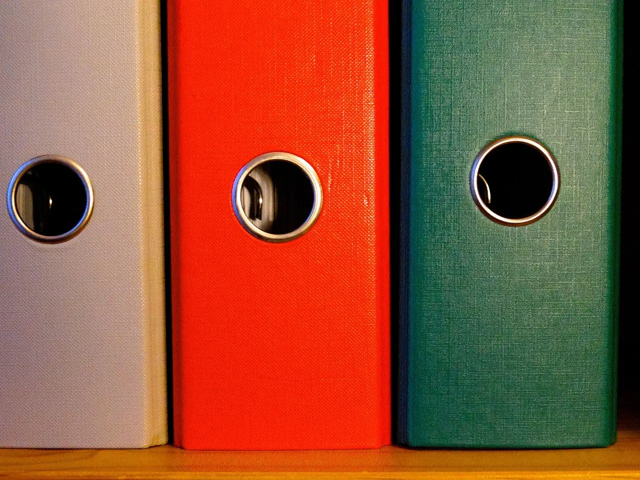 Three coloured ring binders standing side by side on a shelf